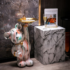 Marbled Graffiti Art Bear Sculpture with Tray