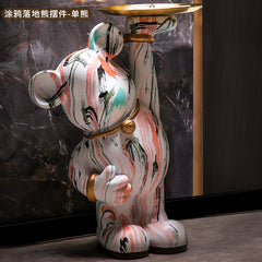 Marbled Graffiti Art Bear Sculpture with Tray